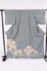 Art hand Auction Colored Tomesode Gray, Hwa, Brown, Green, Purple, Gold Flower, Wave, Cloisonné, Hand-painted Kyoto Yuzen, Five Crests, Dakimyoga, Artist A032, women's kimono, kimono, Visiting dress, Tailored