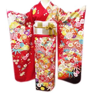  long-sleeved kimono kimono used recycle silk . gold piece embroidery flower pattern pine bamboo plum ground pattern red color many color gold length 174cm.69cm L tall kimono north .A964-1