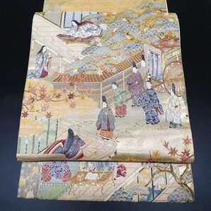 ★きもの北條★ 吉祥平安王朝絵巻文 六通 中古 正絹 袋帯 T661-13の画像1