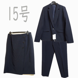 ●新品/4点/スーツ/ジャケット/ブラウス/スカート/パンツ/15号/紺/白/リボンタイ/レディース●&1119