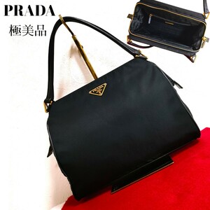 極美品 PRADA ハンドバッグ ゴールド ブラック ナイロン レザー プラダ トートバッグ がま口 プラダ 美品