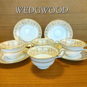 美品★ ウェッジウッド WEDGWOOD コロンビア フロレンティーン ゴールド ティーカップ＆ソーサー 4客セット ドラゴン 金彩 ピオニーカップ