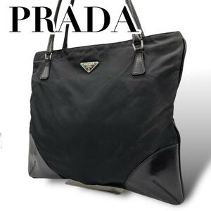 良品　PRADA プラダ　D4 ナイロン　トートバッグ　黒　肩掛け　三角プレート