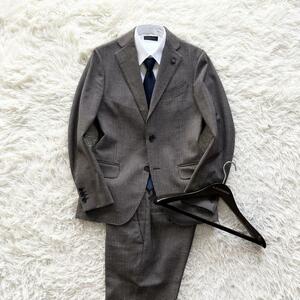 ＜美品＞ LARDINI ラルディーニ ブラウン チェック ウール スーツ セットアップ ブートニエール サイズ46 Mサイズ ビジネス 結婚式