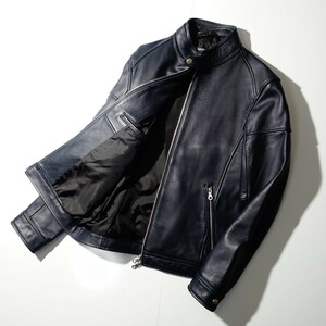 美品 MEN'S BIGI ラムレザー 上質羊革 シングルライダースジャケット ダブルジップ Nowadays メンズビギ 紺 ネイビー size 2 Mサイズ