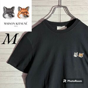 【希少デザイン】メゾンキツネ ワンポイント刺繍ロゴ ダブル Tシャツ ブラック