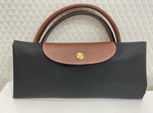 G「19418」ロンシャン LONGCHAMP ハンドバッグ ナイロン×レザー 黒×ブラウン 折りたたみ バッグ