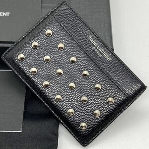 《輝く色気》サンローラン SAINT LAURENT パスケース 定期入れ カードケース スタッズ キャビアスキン 黒 ブラック 本革 レザー シルバー