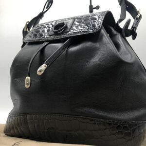 1円【幻の逸品】CELINE セリーヌ ショルダーバッグ 巾着 クロコ ガンチーニ サークル 型押し 光沢 ゴールド金具 レザー 本革 ブラック 黒