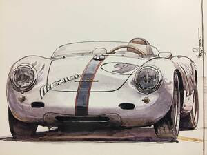 【正規品 絶版】Bowイラスト ポストカード ポルシェ 550A スパイダー カーマガジン Porsche 550A Spyder 絵葉書 旧車 絵 