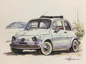 【正規品 絶版】Bowイラスト フィアット500 カーマガジン 220 Fiat 500 アンティーク インテリア クラシックカー 旧車 絵