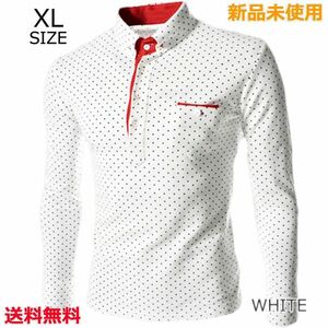 ゴルフウェア メンズ 長袖 ポロシャツ 水玉 ホワイト XL