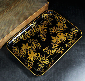 . goods book@ gold lacqering flower map four person tray * Edo era 