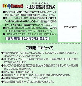 １０９シネマズ　優待券　2枚set　～9組迄　2024年5月末迄有効　東急電鉄・株主優待券