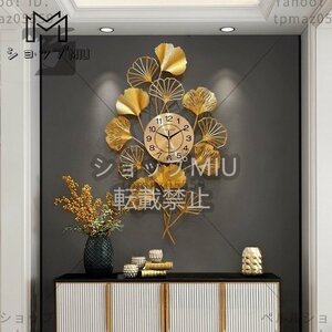 極美品　銀杏　葉っぱ　ゴールド　デザイン　壁飾り　壁掛け時計　静音　電池式　家庭用　装飾
