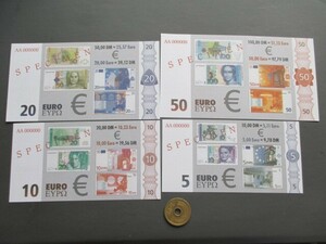 未使用　ドイツ　ユーロ紙幣紹介用4枚　2000年　50ユーロ/100マルク～5ユーロ/10マルク