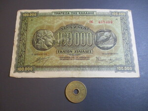 極美品　ギリシャ　1944年　古代アテネの銀貨　10万ドラクマ