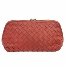 【本物保証】 ボッテガヴェネタ BOTTEGA VENETA イントレチャート編み込み ポーチ レザー レッド_画像1