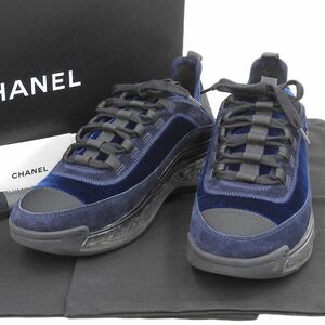 【本物保証】 箱・布袋付 超美品 シャネル CHANEL ココマーク ロゴ ローカットスニーカー 靴 ベロア 紺 黒 41 メンズ G36300 Y54086 レア