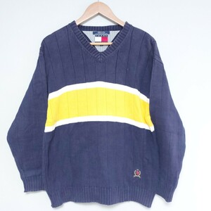 【TOMMYHILFIGER】トミーヒルフィガー ニット Vネック ネイビー イエロー コットン 綿 紳士 おしゃれ 人気 春服 メンズ サイズM /Y6155LL