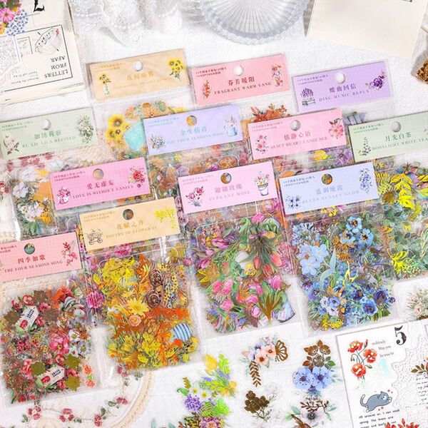 十二の花の妖精シリーズ 箔押し 12種480枚 PET フレーク 華やか ボタニカル 鮮やか 花 スクラップブッキング コラージュ