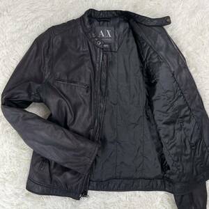 1円〜【極美品】 XL相当 アルマーニエクスチェンジ フェイクレザー ジャケット ライダース ARMANI EXCHANGE 合革 中綿入 ロゴ金具 ブラック