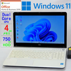 【美品】LaVie LS150/NSW★DualCore CPU/HDD750GB/4GBメモリ/15.6型/WLAN/Sマルチ/Webカメラ/USB3.0/SD/Windows11/Office H＆B2019