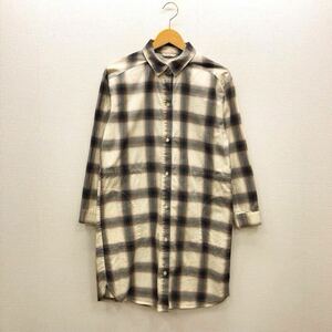 【そ044】BEAMS HEART チェック柄ワンピース ベージュ×グレー 長袖 膝上丈 前開き 内側ウエスト紐付き 薄地 綿100% ブランド古着 送料無料