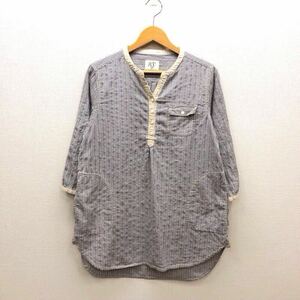 【そ098】AFTERNOONTEA WARDROBE ストライプ柄チュニックシャツ 38 ネイビー×ベージュ 7分袖 薄地 綿100% ブランド古着 送料無料