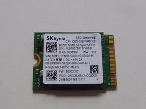 SK hynix SSD M.2 NVMe Type2230 Gen 3x4 512GB 電源投入回数764回 使用時間445時間 正常100% BC501 中古品です⑧