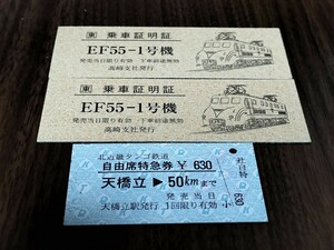 EF55-1号機　乗車記念乗車証2枚セット　北近畿タンゴ鉄道硬券1枚