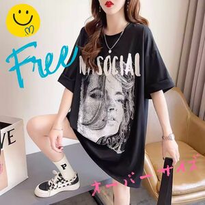 オーバーサイズ ビッグプリント Tシャツ 半袖 黒 英字 ストリート 韓国 半袖Tシャツ ユニセックス 男女兼用 ビッグシルエット