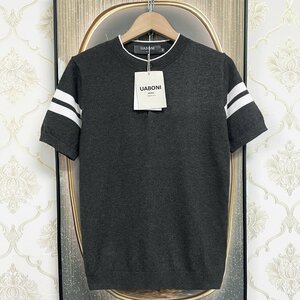 逸品EU製＆定価3万◆UABONI*Paris*半袖Tシャツ*ユアボニ*パリ発◆上級ウール 伸縮性 通気 切替 シンプル サマーニット 紳士 夏 2XL/52