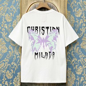 定価2万★christian milada・ミラノ発・半袖Tシャツ★コットン100％ 薄手 通気 爽やか 個性 蝶柄 カットソー ストリート 男女兼用 2XL/52