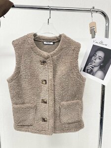 高級ヨーロッパ製※定価7万◆ブルガリア発※RISELIN ボアベスト 上質ミンク/カシミヤ混 防寒 もこもこ ノーカラー オシャレ レディースM/46