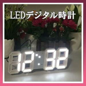 LED デジタル時計 置き時計 アラーム 壁掛け 卓上 韓国 白 3D 目覚まし