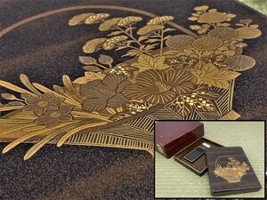 江戸期 花籠図 蒔絵 硯箱 硯 水滴 梨地 書道具 骨董品 古美術品 8741tiyN