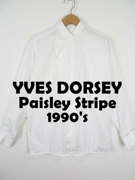 90s フレンチビンテージ ★ ペイズリー ストライプ 変形 長袖シャツ YVES DORSEY ドレスシャツ ユーロ 古着 フランス メンズ バンドカラー