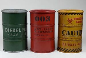 ドラム缶　フルコンプリート　ミニチュア　フィギュア　まとめ売り　缶　ブリキ　トタン　黄色　緑色　赤色　直径5.5cm×高さ8.4cm
