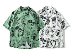 新品◆アロハシャツ　半袖シャツ　カラー　２色　柄物　ロック　白　緑　メンズ　レディース　ユニセックスDJ209