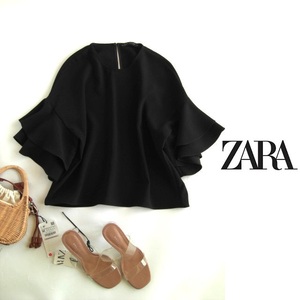 ザラZARA WOMANフリルスリーブプルオーバーブラウス黒XS