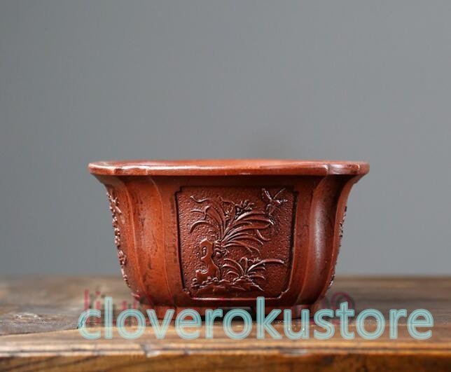 Top quality◆Purple sand, purple mud, bonsai pot, flowerpot, square pot, relief, purple mud painting, handmade, width 15.7cm x height 8.8cm, bonsai, bonsai tools, pot