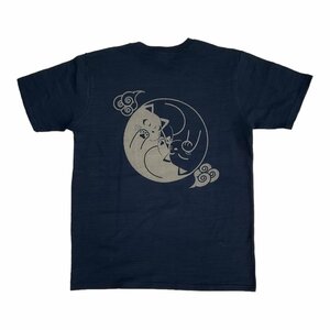 [江戸てん]一点もの Tシャツ 6.8オンス コットン100％ 和柄 抜染 紺　巴猫　メンズ L