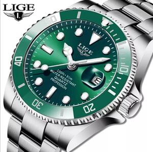 ◇正規品◇　Lige　サブマリーナオマージュ　メンズ腕時計　グリーン　箱、付属品完備