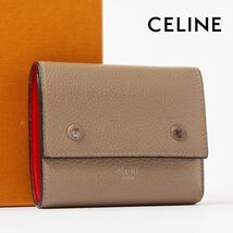 ★美品★CELINE セリーヌ 三つ折り財布 コンパクトウォレット キャンバス レザー ベージュ レッド レディース56-5-8 _画像1