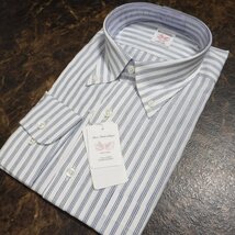 TT289 百貨店モデル SHIRT MAKER CHOYA 定価14300円 日本製 ストライプ 綿リネン ボタンダウン長袖ドレスシャツ 新品 41-80 L チョーヤ_画像1