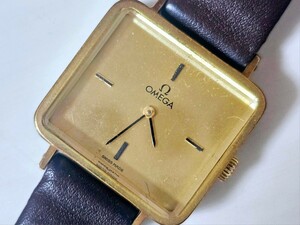 1円スタート☆OMEGA オメガ 高級機械式腕時計 テレビ型 スクエアフェイス GOLDカラー 純正尾錠 カットガラス