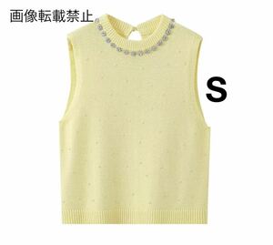 yellow vintage ヴィンテージ レトロ ビジュー パール ノースリーブ ニット トップス Sサイズ レディース★ZARA 好きな方に★春新作 新品★