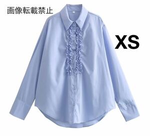 blue vintage ヴィンテージ レトロ 柄 フリル シャツ ブラウス トップス XSサイズ レディース★ZARA 好きな方に★2024 春新作 新品未使用★