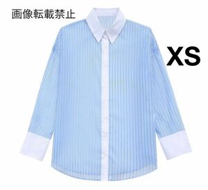 blue vintage ヴィンテージ レトロ ストライプ 柄 シャツ ブラウス トップス XSサイズ レディース★ZARA 好きな方に★春新作 新品未使用★